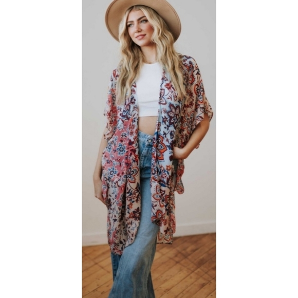 Lovely coral & blue flowy boho floral paisley print open front kimono - Picture 3 of 4